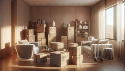 illustration d'un déménagement résidentiel organisé, cartons et emballage prêts pour le transport