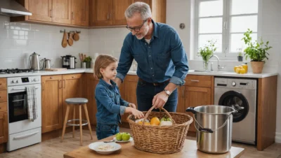 Illustration générée par intelligence artificielle : dans une cuisine, un homme et une jeune enfant posent un panier en osier rempli de fruits et de légumes sur une table, à côté d'une grande casserole en inox. L'image ne montre ni carton, ni camion, ni meuble déplacé : elle n'illustre pas un déménagement.