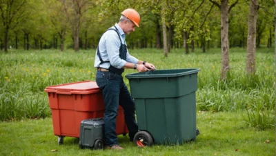 Illustration générée par intelligence artificielle : un homme en casque de chantier orange ouvre un grand bac roulant vert posé dans un verger, à côté d'un bac rouge et d'une caisse à roulettes.