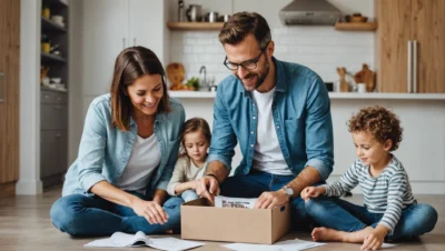 Illustration générée par intelligence artificielle : deux parents et deux enfants assis au sol dans une cuisine, autour d'un carton de déménagement ouvert et de feuilles de papier.