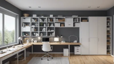 Illustration générée par intelligence artificielle : un bureau à domicile photoréaliste, plan de travail en bois, fauteuil, ordinateur et rangements blancs. L'image ne montre ni carton, ni camion, ni emballage : elle n'illustre pas un déménagement en cours.