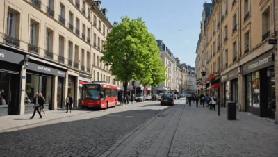 Illustration générée par intelligence artificielle : une rue de centre-ville pavée, bordée d'immeubles haussmanniens et de commerces dont les enseignes sont illisibles, avec un bus urbain et des passants. Aucun camion ni carton de déménagement n'y figure.
