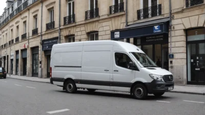 Illustration générée par IA : un utilitaire de déménagement blanc stationné le long d'un immeuble haussmannien ; les enseignes du fond et la plaque d'immatriculation portent un texte illisible.
