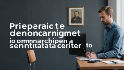 Illustration générée par intelligence artificielle : un homme travaille à un bureau devant un écran, sous un bandeau de texte illisible. L'image ne montre ni lettre de congé ni déménagement.