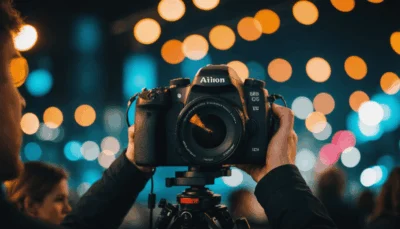 Illustration générée par IA, hors sujet : un appareil photo reflex sur trépied lors d'un concert nocturne, portant un logo de marque imité qui n'existe pas. Cette image n'illustre pas le déménagement.