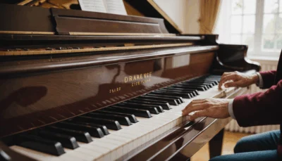 Illustration générée par intelligence artificielle : des mains sur le clavier d’un piano, dont le nom en lettres dorées sur le couvercle ne correspond à aucun fabricant réel. L’instrument représenté est un piano à QUEUE, alors que cet article traite du piano DROIT.
